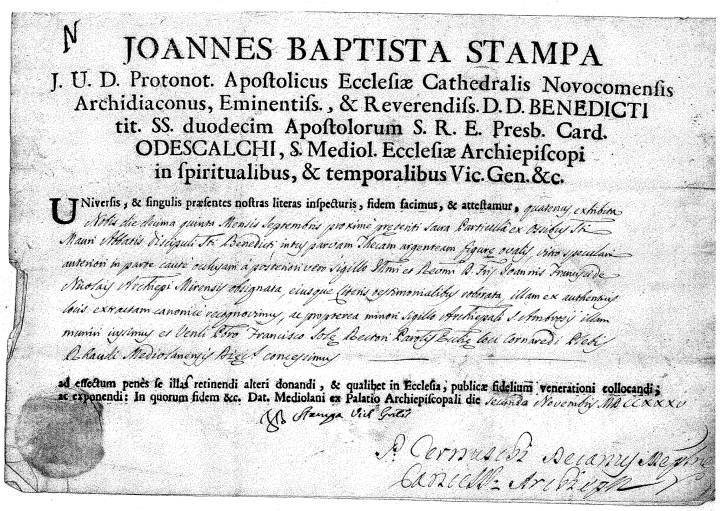 autentica della reliquia